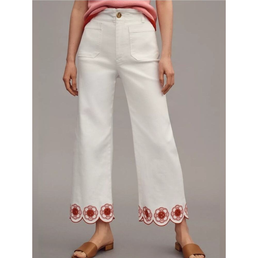 Maeve Colette Embroidered Scallop-Hem Crop Jeans White Red Size 28 Petite Boho